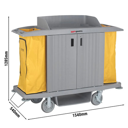 GGM Gastro Commercial Housekeeping Trolley - with doors - 2 laundry bags, 1 top shelf with compartments and upstand, 1 bottom shelf - Polypropylene (PP) frame - Grey