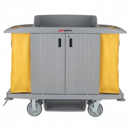 GGM Gastro Commercial Housekeeping Trolley - with doors - 2 laundry bags, 1 top shelf with compartments and upstand, 1 bottom shelf - Polypropylene (PP) frame - Grey