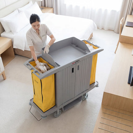GGM Gastro Commercial Housekeeping Trolley - with doors - 2 laundry bags, 1 top shelf with compartments and upstand, 1 bottom shelf - Polypropylene (PP) frame - Grey