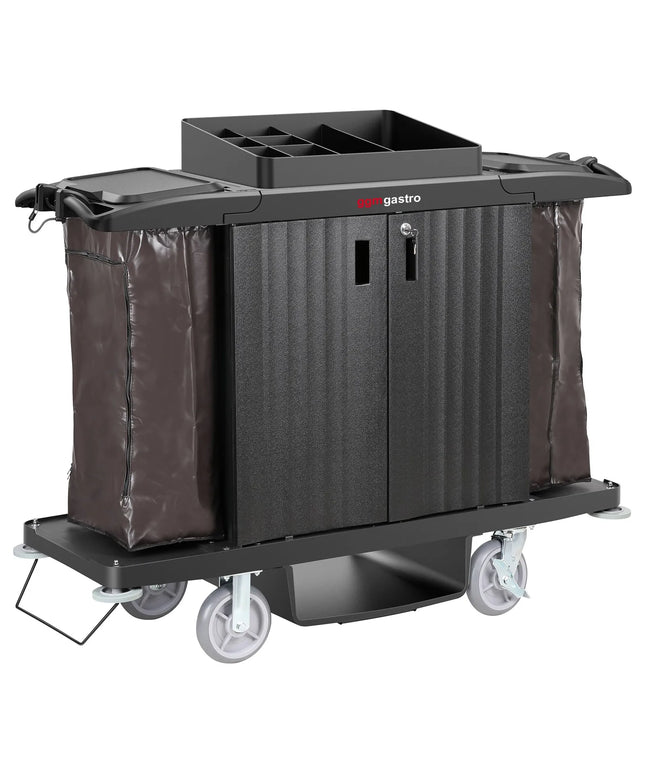 GGM Gastro Commercial Housekeeping Trolley - with lockable doors - 2 laundry bags, 1 top shelf with compartments, 1 bottom shelf - Polypropylene (PP) frame - Black