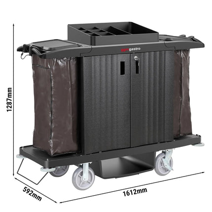 GGM Gastro Commercial Housekeeping Trolley - with lockable doors - 2 laundry bags, 1 top shelf with compartments, 1 bottom shelf - Polypropylene (PP) frame - Black