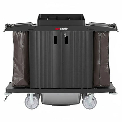 GGM Gastro Commercial Housekeeping Trolley - with lockable doors - 2 laundry bags, 1 top shelf with compartments, 1 bottom shelf - Polypropylene (PP) frame - Black