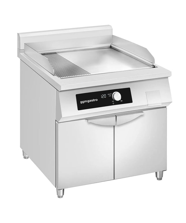 GGM Gastro Commercial Induction Griddle - with Digital Controls - 10.0kW - Smooth/Ribbed Plate (half & half) - with Cabinet Base - 2 Doors