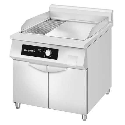 GGM Gastro Commercial Induction Griddle - with Digital Controls - 10.0kW - Smooth/Ribbed Plate (half & half) - with Cabinet Base - 2 Doors