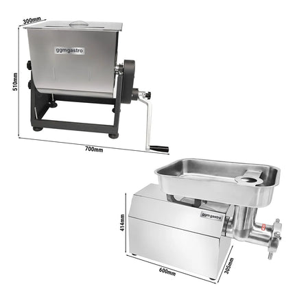 GGM Gastro Commercial Manual Meat Mixer 22 - 28L - 25kg - 1.1kW - Reverse Function - incl. Meat Mincer - 450-480kg/h