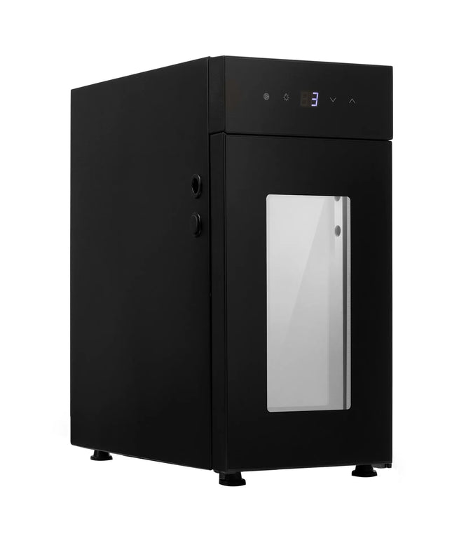 GGM Gastro Commercial Milk Fridge for Coffee Machines - 220mm - 8.5 Litres - with 1 hinged glass door - LED lighting - digital controller with temperature display - with milk feed-through - Black - Temperature range 0 to 4 °C