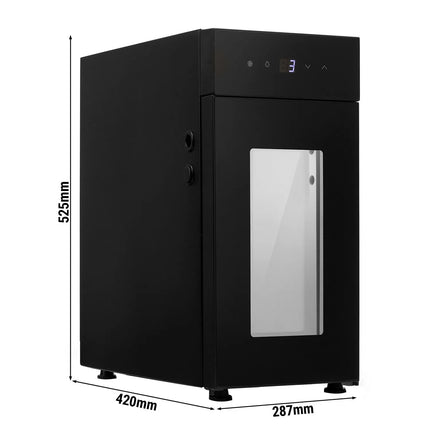 GGM Gastro Commercial Milk Fridge for Coffee Machines - 220mm - 8.5 Litres - with 1 hinged glass door - LED lighting - digital controller with temperature display - with milk feed-through - Black - Temperature range 0 to 4 °C