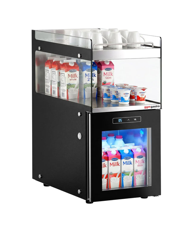 GGM Gastro Commercial Milk Fridge for Coffee Machines - 300mm - 15 Litres - 1 hinged glass door - LED lighting - digital controller with temperature display - with milk feed-through - Black - Temperature range 1 to 6 °C