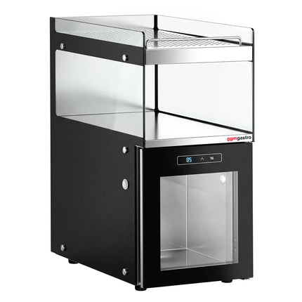 GGM Gastro Commercial Milk Fridge for Coffee Machines - 300mm - 15 Litres - 1 hinged glass door - LED lighting - digital controller with temperature display - with milk feed-through - Black - Temperature range 1 to 6 °C