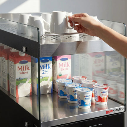 GGM Gastro Commercial Milk Fridge for Coffee Machines - 300mm - 15 Litres - 1 hinged glass door - LED lighting - digital controller with temperature display - with milk feed-through - Black - Temperature range 1 to 6 °C