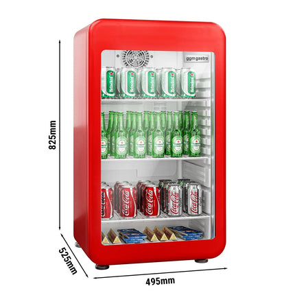 GGM Gastro Commercial Mini Bar Refrigerator - 495mm - 113L - with 1 glass door & reversible hinges - Red - Double-glazed glass door