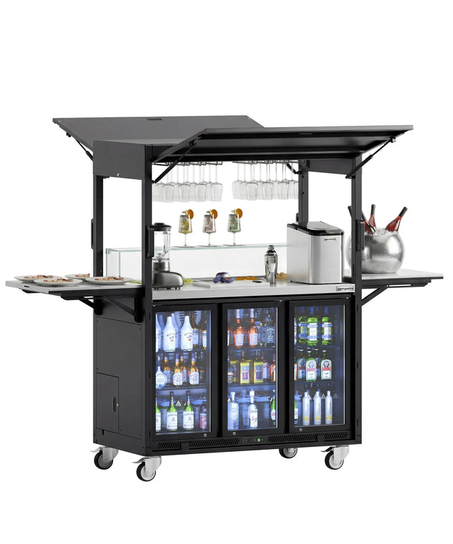 GGM Gastro Commercial Mobile Cocktail Station – Includes Bar Fridge, Work Surface, Glass Shelf & LED Lighting – Fold-Out Design