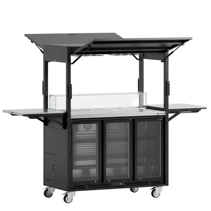 GGM Gastro Commercial Mobile Cocktail Station – Includes Bar Fridge, Work Surface, Glass Shelf & LED Lighting – Fold-Out Design