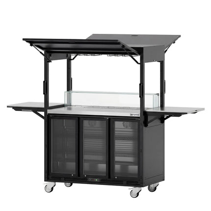 GGM Gastro Commercial Mobile Cocktail Station – Includes Bar Fridge, Work Surface, Glass Shelf & LED Lighting – Fold-Out Design