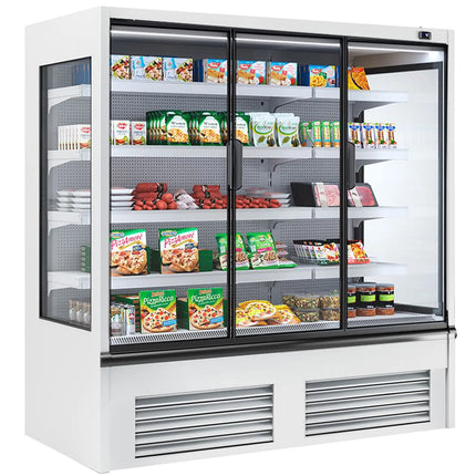 GGM Gastro Commercial multideck display chiller - 1955mm - 1204L - with 3 double‑glazed hinged glass doors & 4 shelves - White