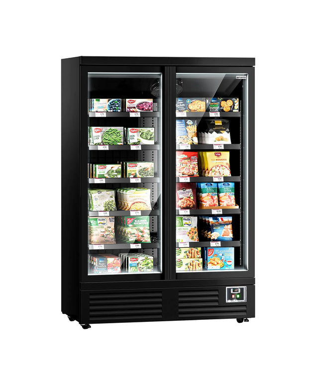 GGM Gastro Commercial multideck display freezer - 1260mm - 991L - with 2 double‑glazed hinged glass doors & 5 shelves - Black