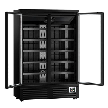 GGM Gastro Commercial multideck display freezer - 1260mm - 991L - with 2 double‑glazed hinged glass doors & 5 shelves - Black