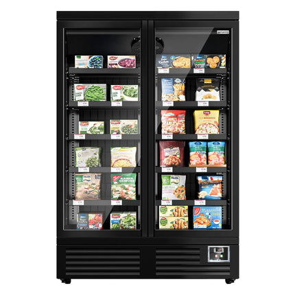 GGM Gastro Commercial multideck display freezer - 1260mm - 991L - with 2 double‑glazed hinged glass doors & 5 shelves - Black
