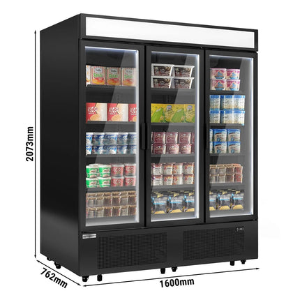 GGM Gastro Commercial multideck display freezer - 1600mm - 891L - with 3 hinged glass doors & 15 shelves - Black