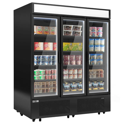 GGM Gastro Commercial multideck display freezer - 1600mm - 891L - with 3 hinged glass doors & 15 shelves - Black