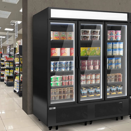 GGM Gastro Commercial multideck display freezer - 1600mm - 891L - with 3 hinged glass doors & 15 shelves - Black