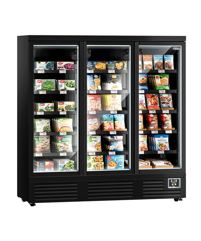 GGM Gastro Commercial multideck display freezer - 1890mm - 1539L - with 3 hinged glass doors & 5 shelves - Black