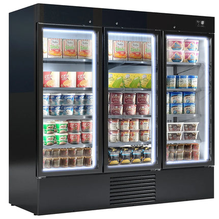 GGM Gastro Commercial multideck display freezer - 2081mm - 2030L - with 3 hinged glass doors & 8 shelves - Black