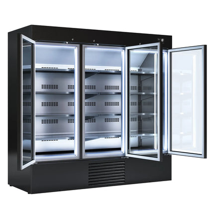GGM Gastro Commercial multideck display freezer - 2081mm - 2030L - with 3 hinged glass doors & 8 shelves - Black