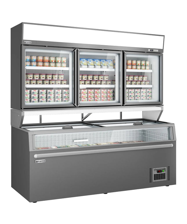 GGM Gastro Commercial multideck display freezer - 2104mm - 346L - with 3 sliding glass doors & 6 shelves - incl. island freezer - Grey