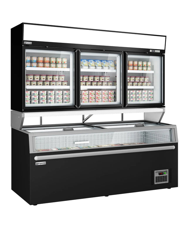 GGM Gastro Commercial multideck display freezer - 2104mm - 992L - with 3 sliding glass doors & 6 shelves - incl. island freezer - Black