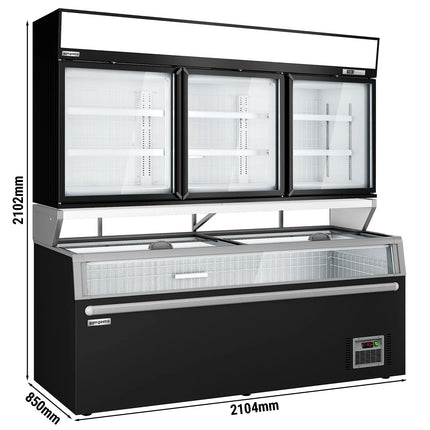 GGM Gastro Commercial multideck display freezer - 2104mm - 992L - with 3 sliding glass doors & 6 shelves - incl. island freezer - Black