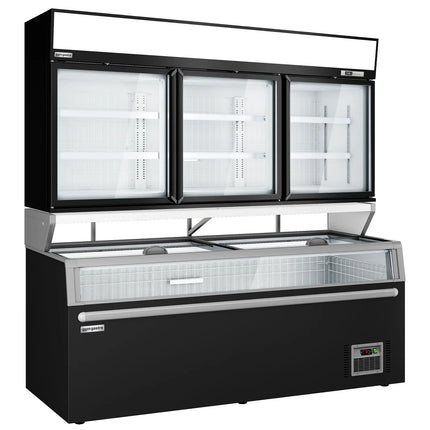 GGM Gastro Commercial multideck display freezer - 2104mm - 992L - with 3 sliding glass doors & 6 shelves - incl. island freezer - Black