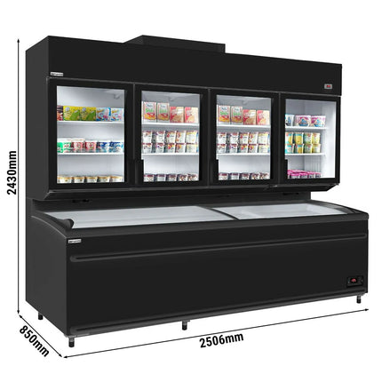 GGM Gastro Commercial multideck display freezer - 2500mm - 1244L - with 4 double‑glazed hinged glass doors & 6 shelves - incl. island freezer - Black
