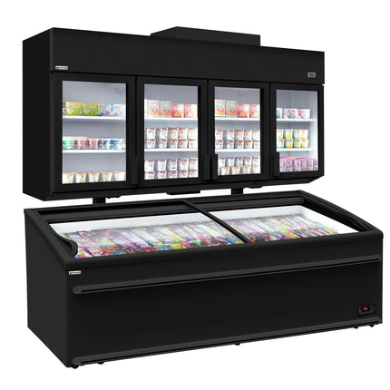 GGM Gastro Commercial multideck display freezer - 2500mm - 1244L - with 4 double‑glazed hinged glass doors & 6 shelves - incl. island freezer - Black