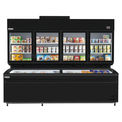 GGM Gastro Commercial multideck display freezer - 2500mm - 1244L - with 4 double‑glazed hinged glass doors & 6 shelves - incl. island freezer - Black