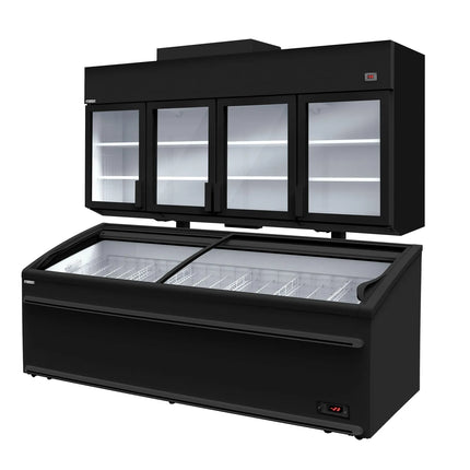GGM Gastro Commercial multideck display freezer - 2500mm - 1244L - with 4 double‑glazed hinged glass doors & 6 shelves - incl. island freezer - Black