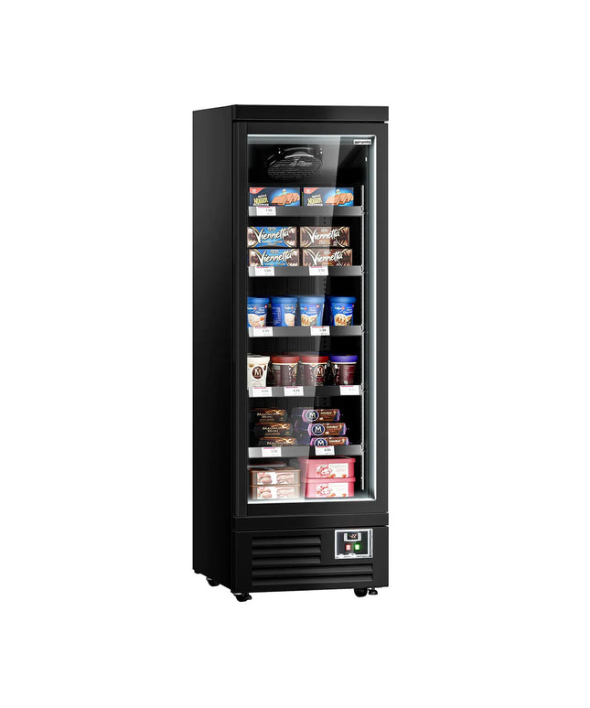 GGM Gastro Commercial multideck display freezer - 630mm - 443L - with 1 double‑glazed hinged glass door & 5 shelves - Black