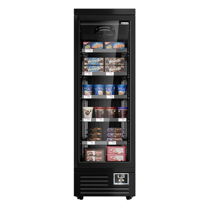 GGM Gastro Commercial multideck display freezer - 630mm - 443L - with 1 double‑glazed hinged glass door & 5 shelves - Black