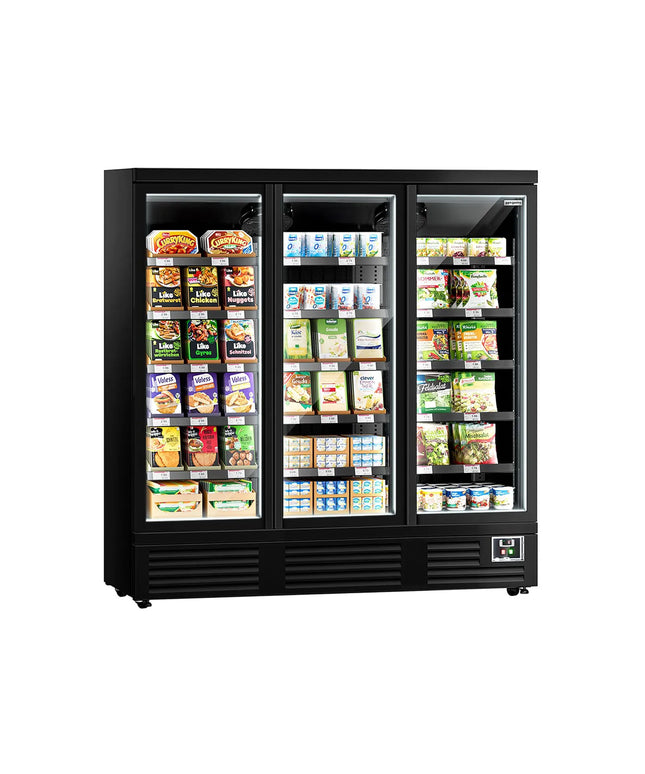 GGM Gastro Commercial multideck display fridge - 1890mm - 1539L - with 3 double‑glazed hinged glass doors & 5 shelves - Black