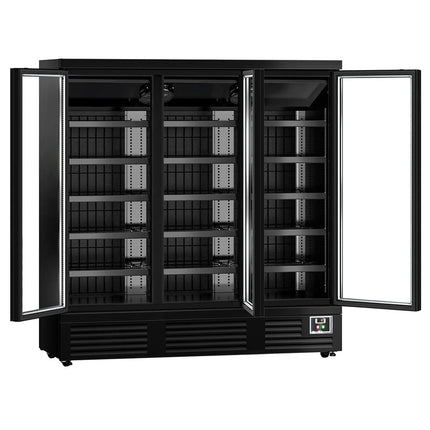 GGM Gastro Commercial multideck display fridge - 1890mm - 1539L - with 3 double‑glazed hinged glass doors & 5 shelves - Black
