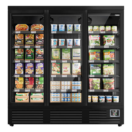 GGM Gastro Commercial multideck display fridge - 1890mm - 1539L - with 3 double‑glazed hinged glass doors & 5 shelves - Black