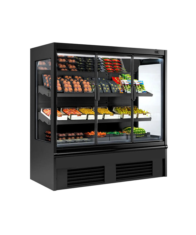 GGM Gastro Commercial multideck display fridge - 1955mm - 1056L - with 1 double‑glazed hinged glass door & 2 shelves - Black