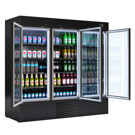 GGM Gastro Commercial multideck display fridge - 2081mm - 2030L - with 3 double‑glazed hinged glass doors & 8 shelves - Black