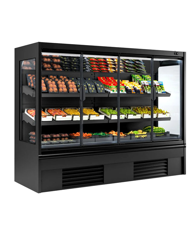 GGM Gastro Commercial multideck display fridge - 2580mm - 740L - with 2 double‑glazed hinged glass doors & 2 shelves - Black