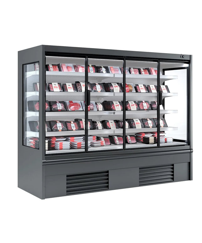 GGM Gastro Commercial multideck display fridge - 2580mm - 910L - with 4 double‑glazed hinged glass doors & 4 shelves - Anthracite Grey