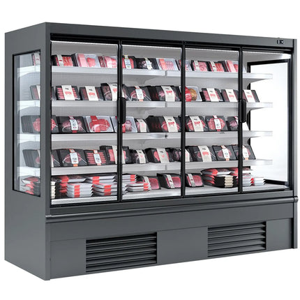 GGM Gastro Commercial multideck display fridge - 2580mm - 910L - with 4 double‑glazed hinged glass doors & 4 shelves - Anthracite Grey