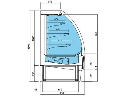 GGM Gastro Commercial multideck display fridge - Open front - 1250mm - 365L - with 3 shelves - solid rear - incl. night blind