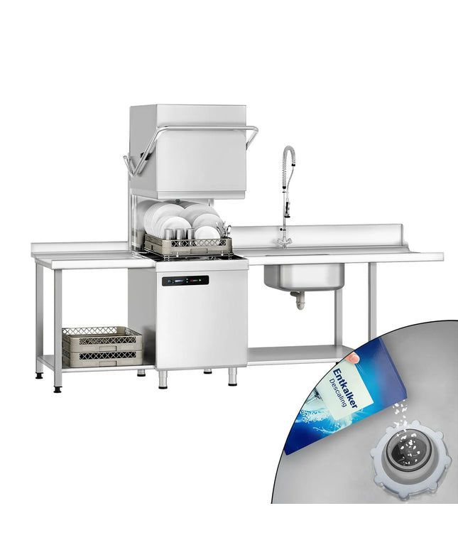 GGM Gastro Commercial Pass Through Dishwasher - Digital Controls - 7.1kW - incl. Inlet Table right, Outlet Table left - with Detergent & Rinse Aid Dosing Pumps