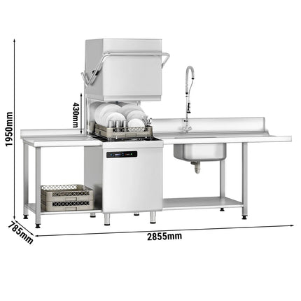GGM Gastro Commercial Pass Through Dishwasher - Digital Controls - 7.1kW - incl. Inlet Table right, Outlet Table left - with Detergent & Rinse Aid Dosing Pumps