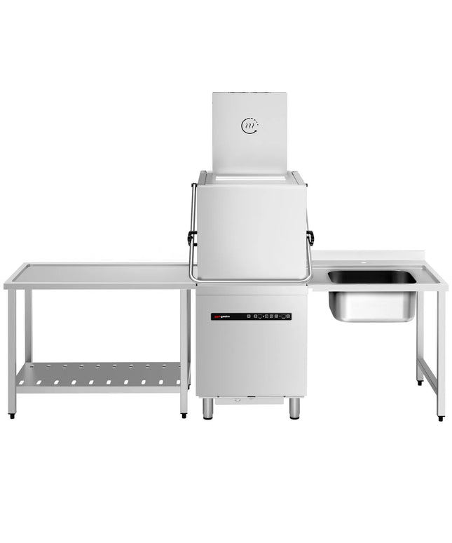 GGM Gastro Commercial Pass Through Dishwasher - Digital Controls - 8.7kW - incl. Inlet Table right, Outlet Table left - with Heat Recovery, Detergent & Rinse Aid Dosing Pumps, Drain Pump
